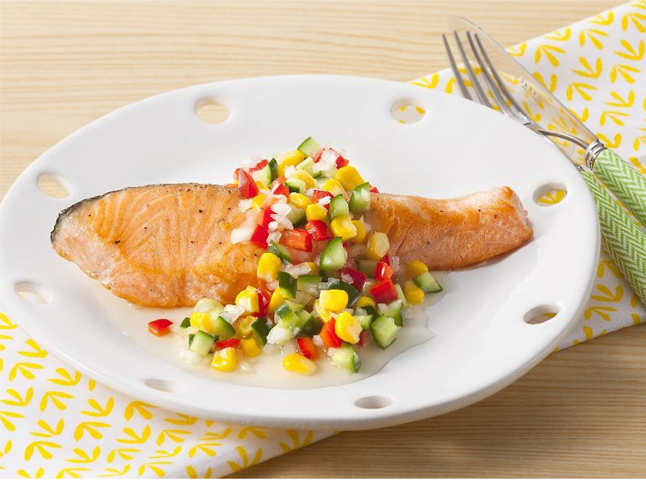 献立応援酢を使った焼きサーモンのラビゴットソース